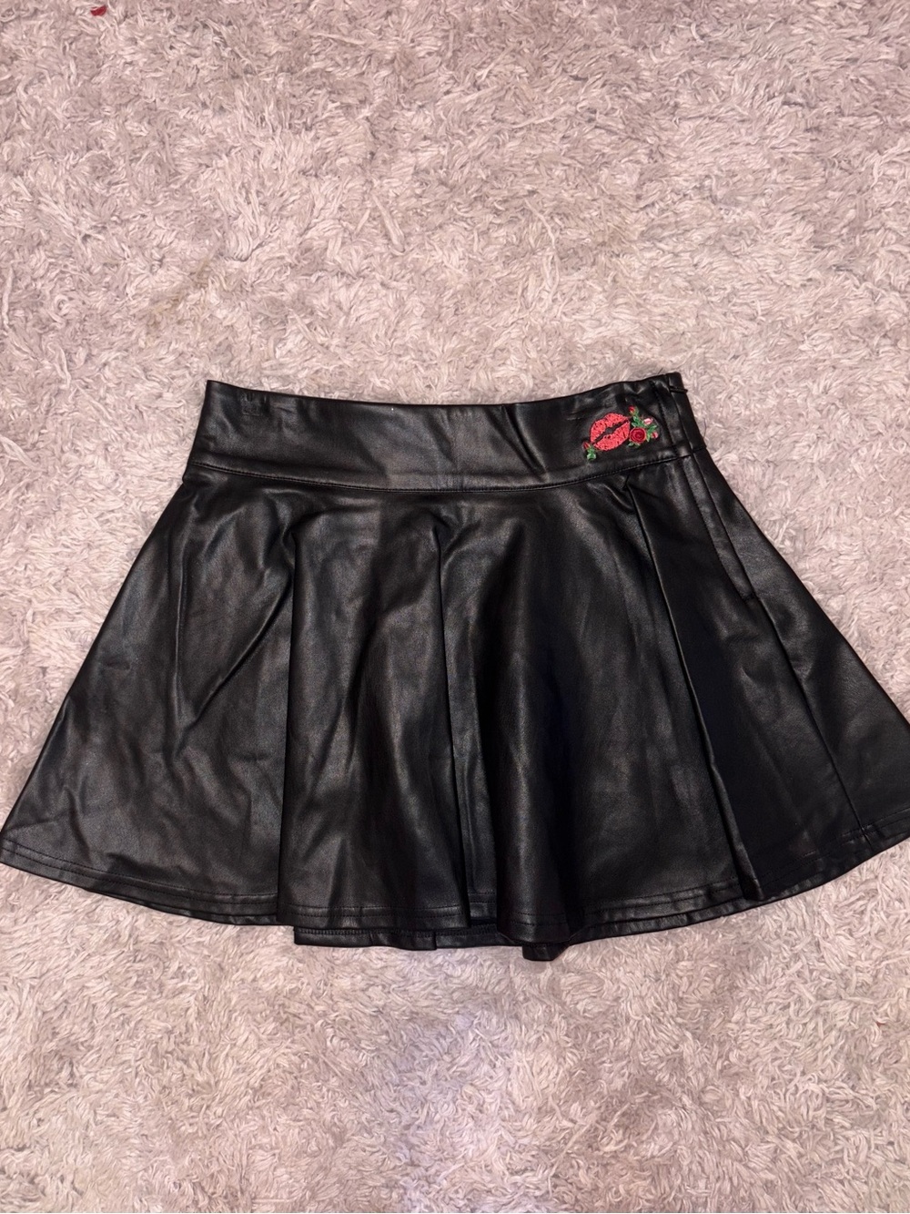 Betsey Johnson Black Faux Leather Mini Skirt with Red Rose Embroidery